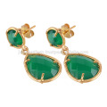 Beautiful Green Onyx Smooth Bezel Round & Pear Shape 18K Gold Plated Brass Drop Earring